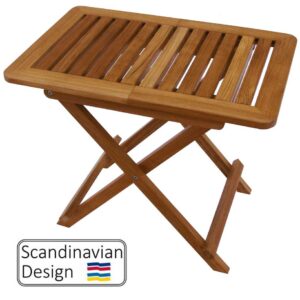 Teak Folding Table, Round with folding legs for sale at Teak Deck Co.