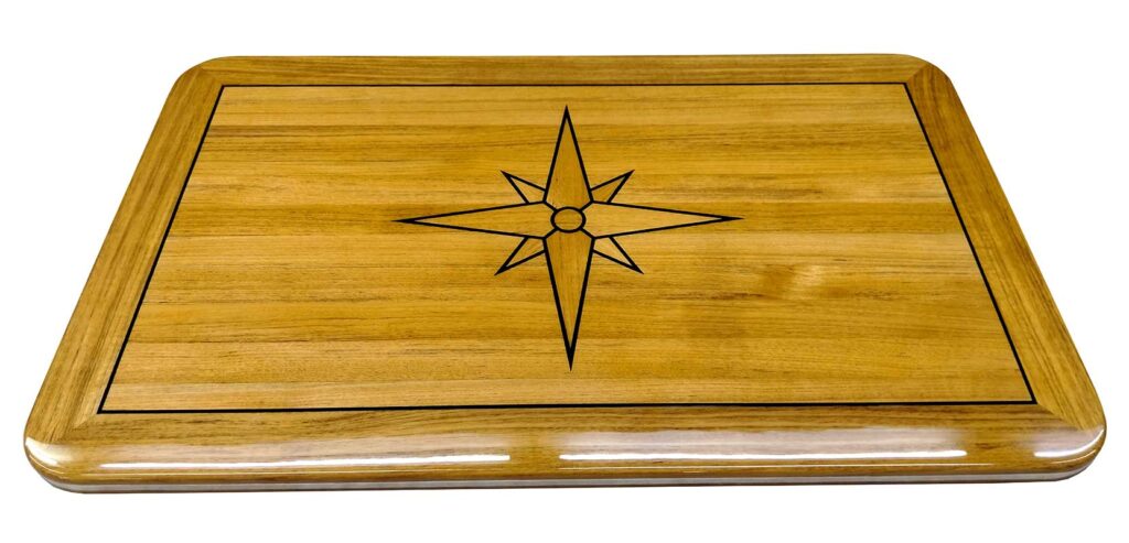 High Gloss Teak Table, Star Inlay, Rectangular - Teak Deck Company