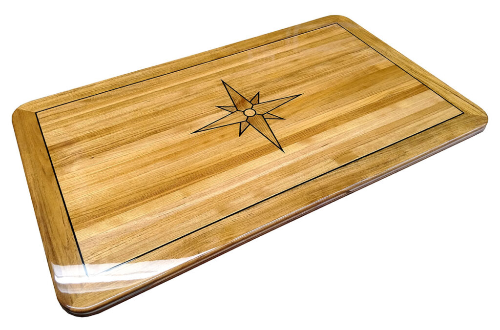 High Gloss Teak Table, Star Inlay, Rectangular - Teak Deck Company